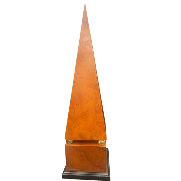 Other - Vintage Burl Wood Obelisk Statue with Brass Ball Accents Regency Decor 18 Inch